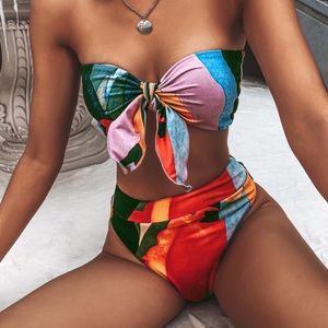 Floral high waisted tie front color block bikini